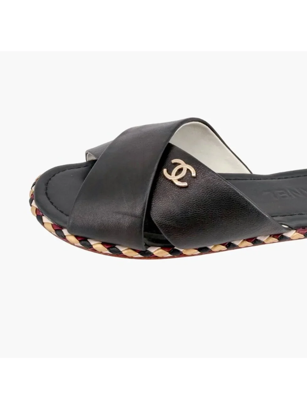 Chanel CC Braided Slide Sandals Black Leather Size 39C US 8-8.5 Wide Flat Mule
